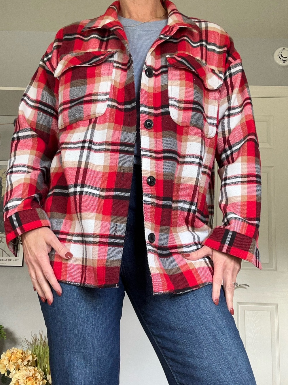 No Boundaries Red Plaid Teddy Shirt Jacket